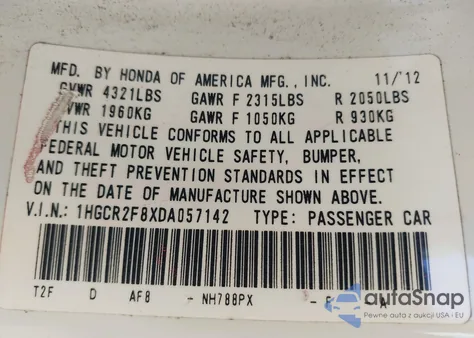2013 Honda Accord Ex-L z USA, uszkodzony, nr VIN 1HGCR2F8XDA057142